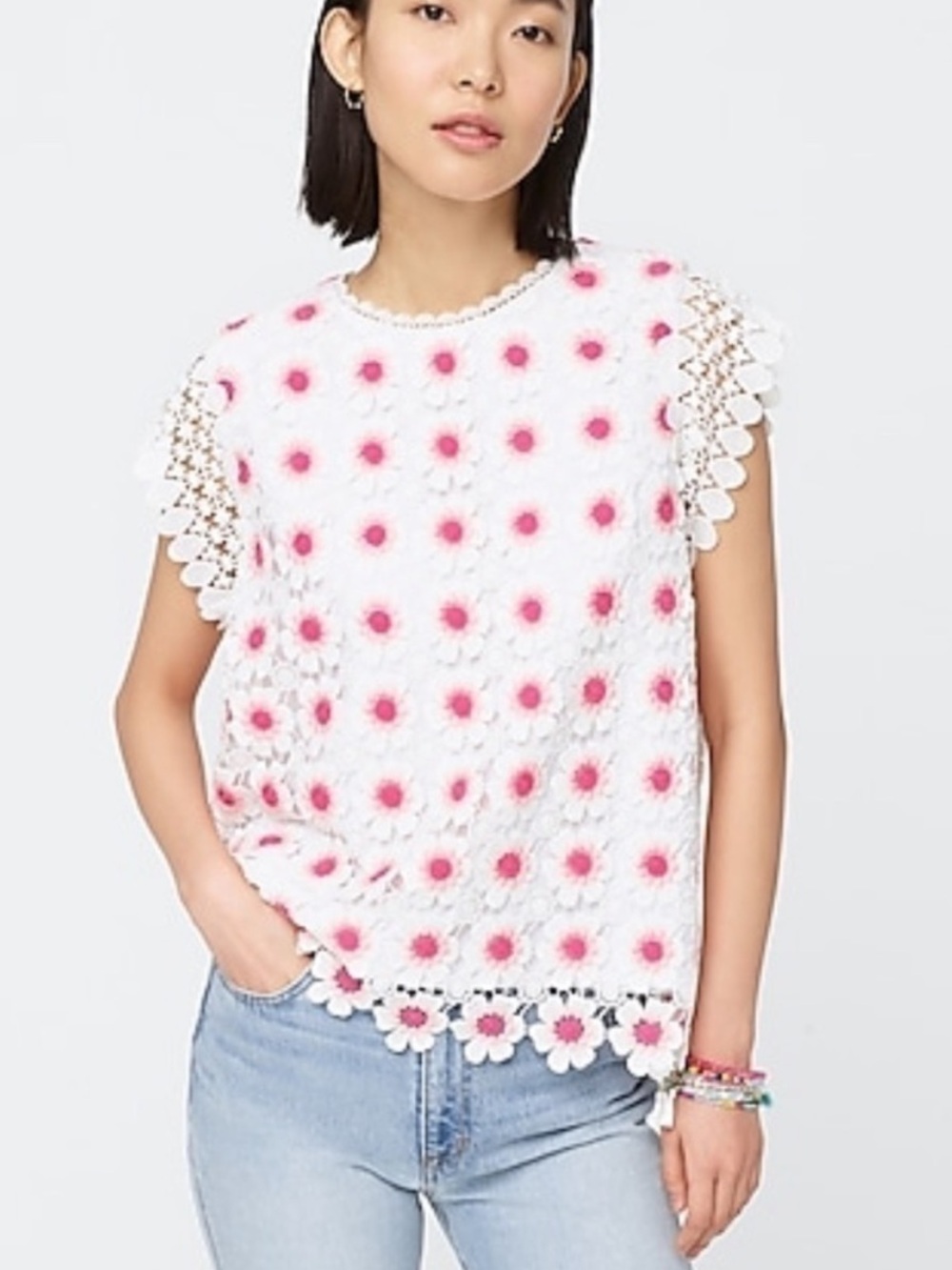 J. Crew Mosaic Pink & White Floral Crochet Top
